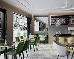 Luxury restaurant dining area featuring crystal chandeliers and premium table settings.
